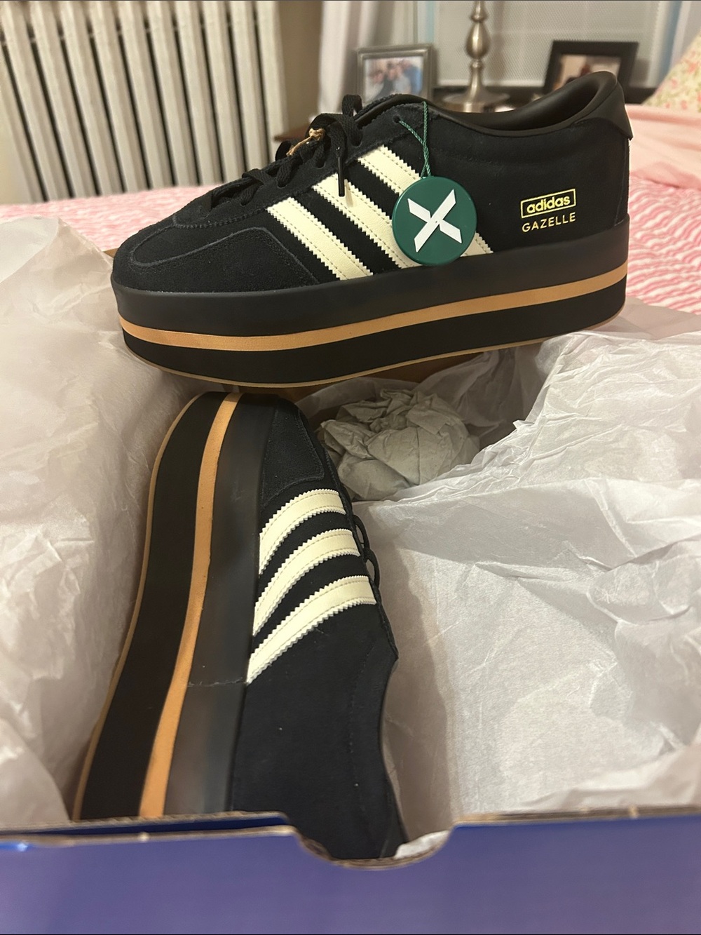 adidas Gazelle Platform Sneakers - Black with Cream Stripes - Picture 2 of 3